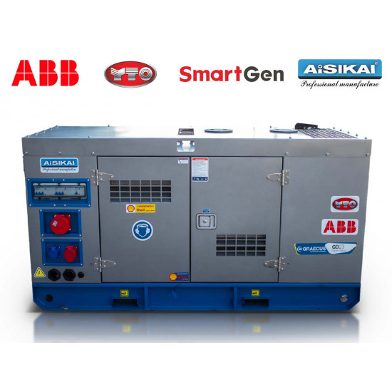Трифазен дизелов генератор затворен тип с основа, 23 kVA с водно охлаждане и автоматичен превключвател Graecus GD23